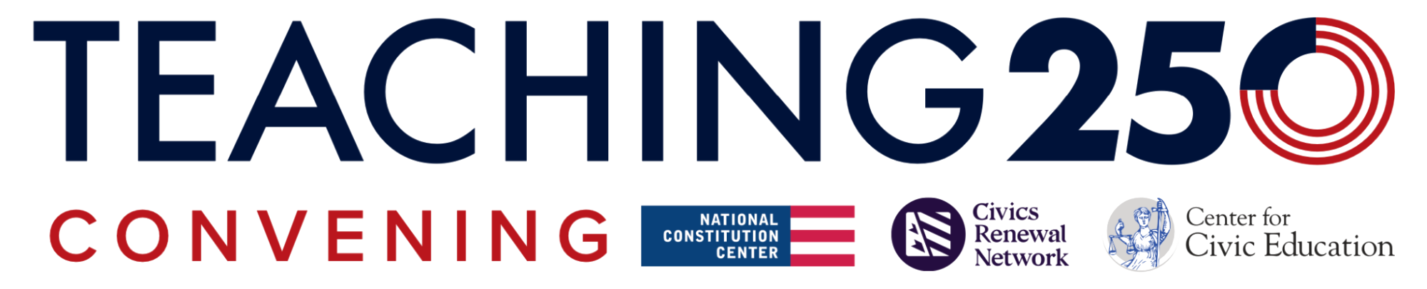 Image of the signing of the Declaration of Independence, stylized with a blue paint stroke across the drafting committee members and a red paint stroke across the document itself.